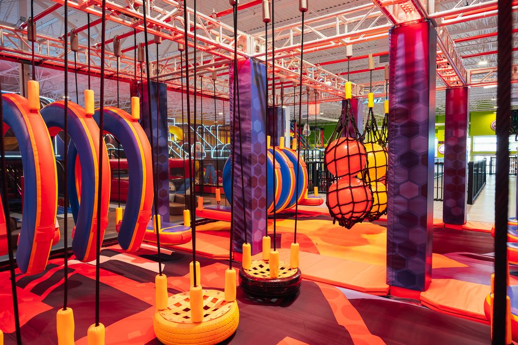 Ninjia course with challenging obstacle course with warped walls, rings, and balance beams